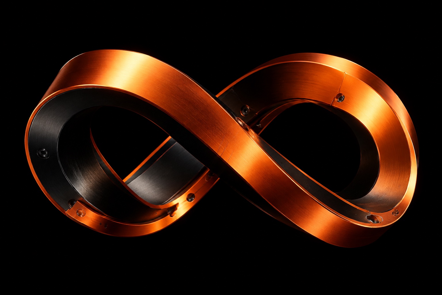 A sculptural infinity loop in luminous copper and dark titanium.